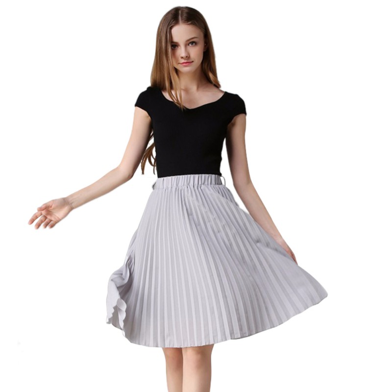 Women Elegant Stretch Pleated Skirt Tulle Skirt Chiffon Flared Midi